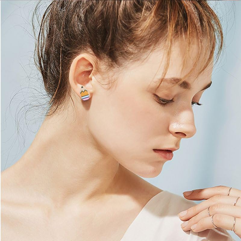 coadipress 16 Pairs Teacher Stud Earrings for Women Cute Wooden Pencil Crayon Ruler Apple Book Earrings for Teachers Earrings Back to School Appreciation Jewelry Gift - Image 8