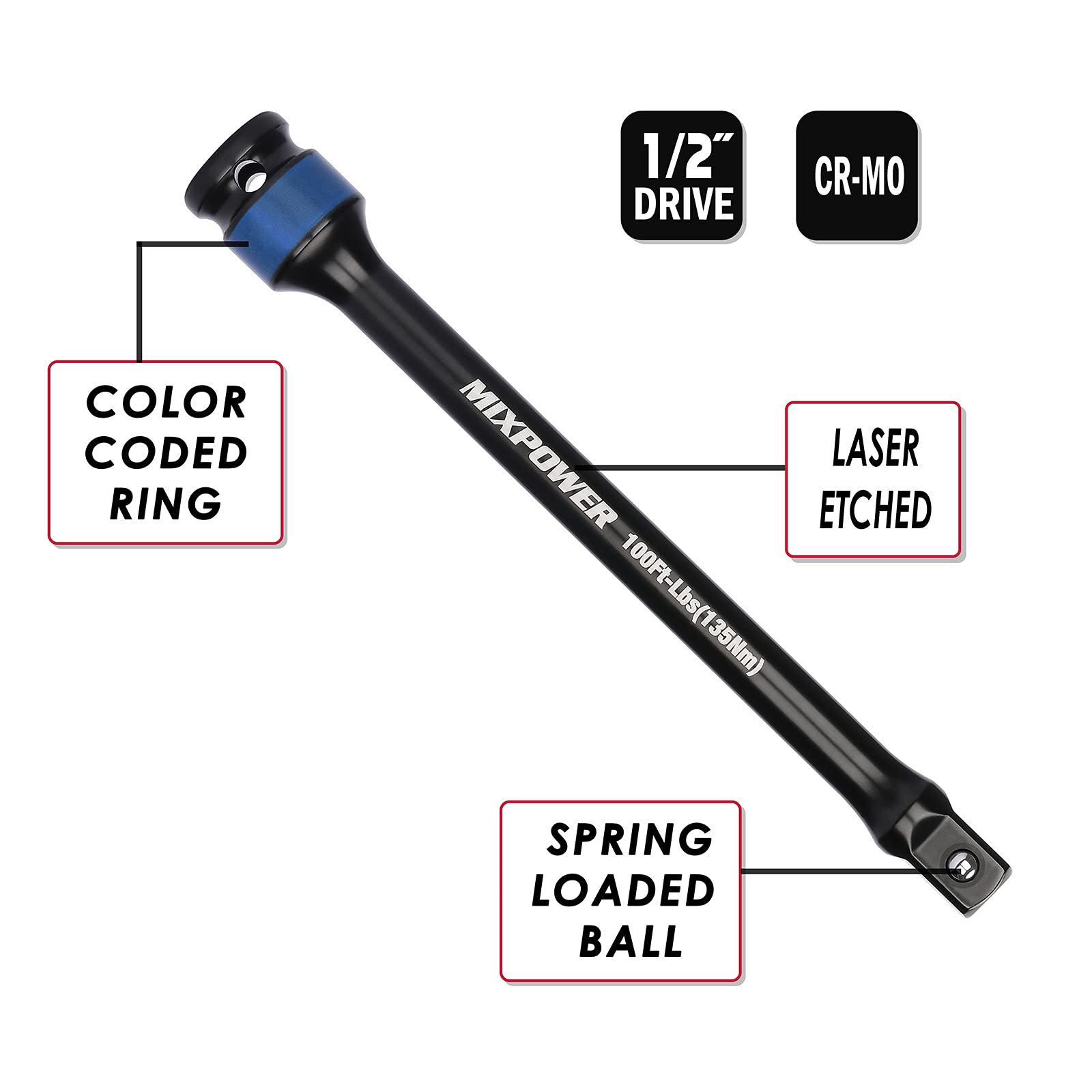 MIXPOWER 1,27 cm (1/2 Zoll) Antriebsradschutz, Schlag-Stecknuss und 20,3 cm kodierte Drehmomentbegrenzung, Verlängerungsstange, 8-teiliges Reifen-tiefes Steckschlüssel-Set, farbcodiert, 110-200 Nm