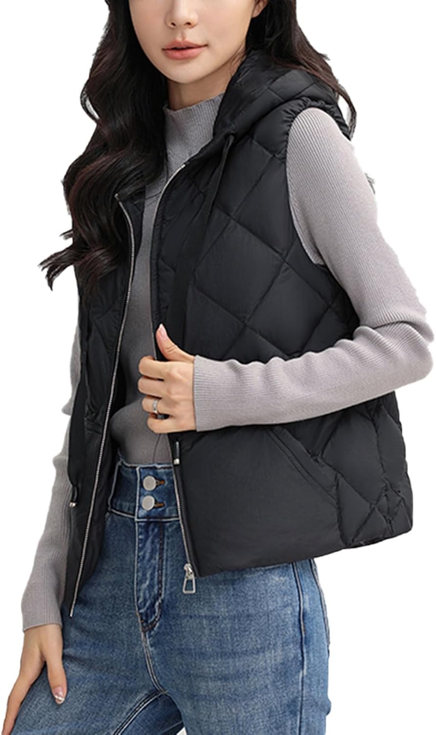 HWQFM] ミドル丈 ダウンベスト レディース 冬 軽量 ベーシック