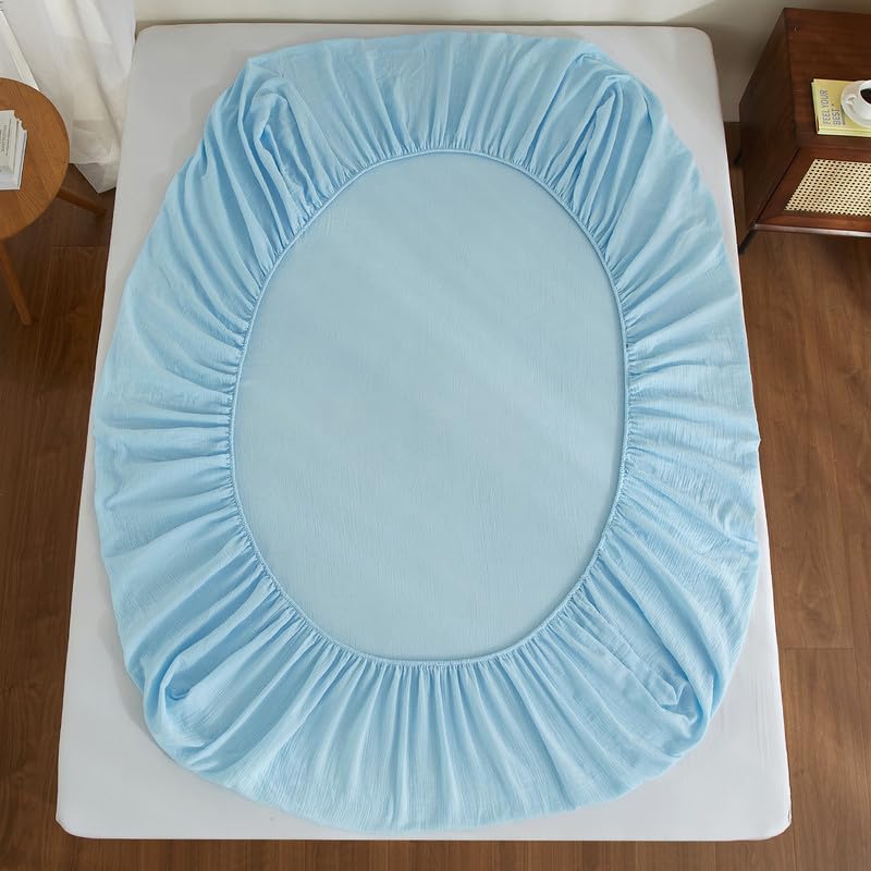 Gezu Musselin Spannbettlaken 90 x 200 cm, 100 % Baumwolle, hellblau, einfarbig, Bettlaken, Baumwollgaze, Spannbettlaken, atmungsaktiv, für dicke Matratzen, hypoallergen, bügelfrei, elastischer Saum