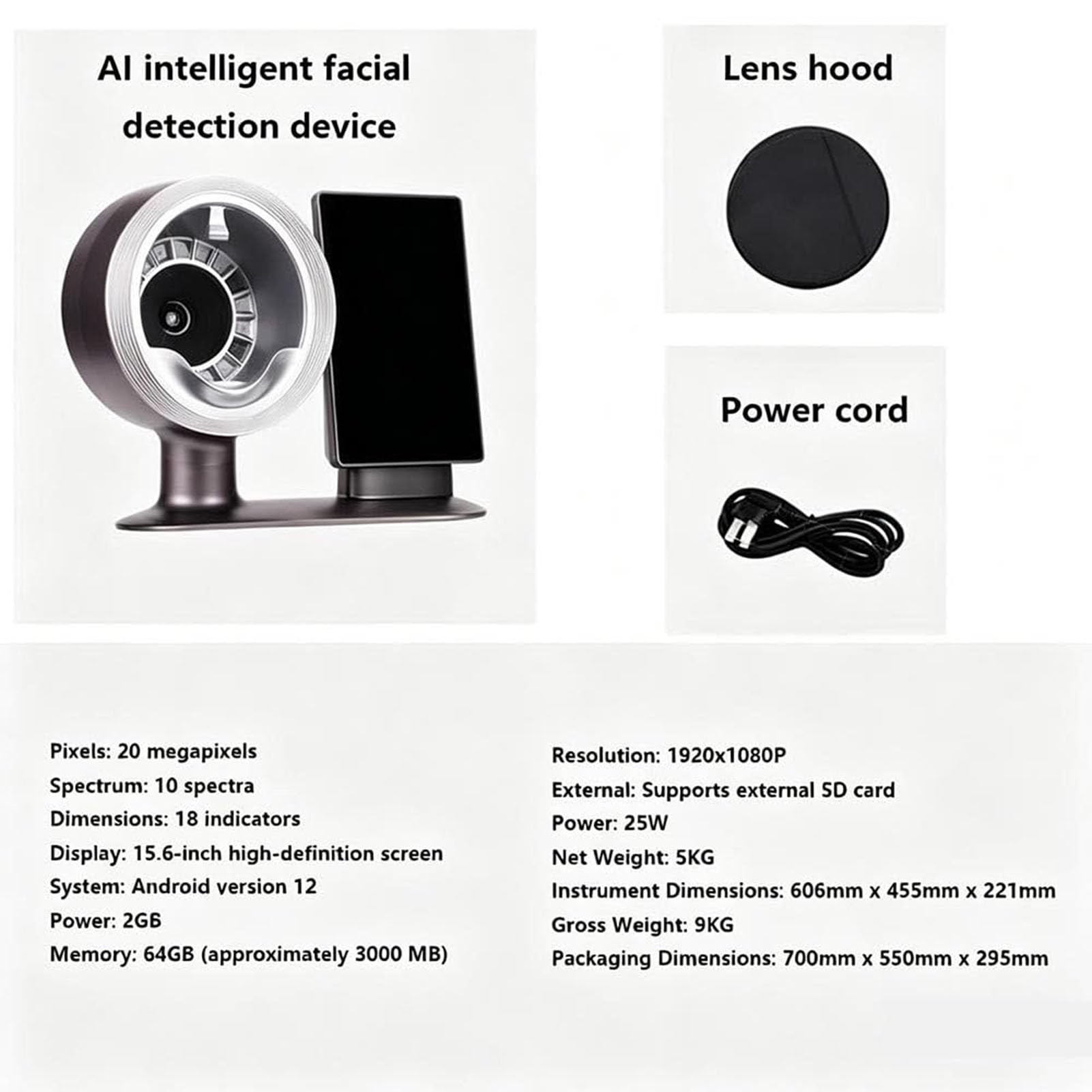 Gesichtsanalyse-Instrument | AI Smart Gesichtshaut Analysegerät | 10 Spektrumanalyse | 20 Megapixel | inklusive Gegenlichtblende | 18 Testartikel | Hautsymptomvorhersage