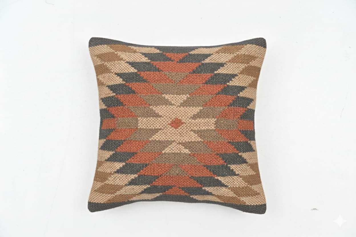 Handwoven Wool Jute Kilim Throw Pillow Cover, Southwestern Geometric Pattern, Red Green Gray Traditional Design, Decorative Cushion Case (18" L x 18" W, Pack of 1, Color 8)