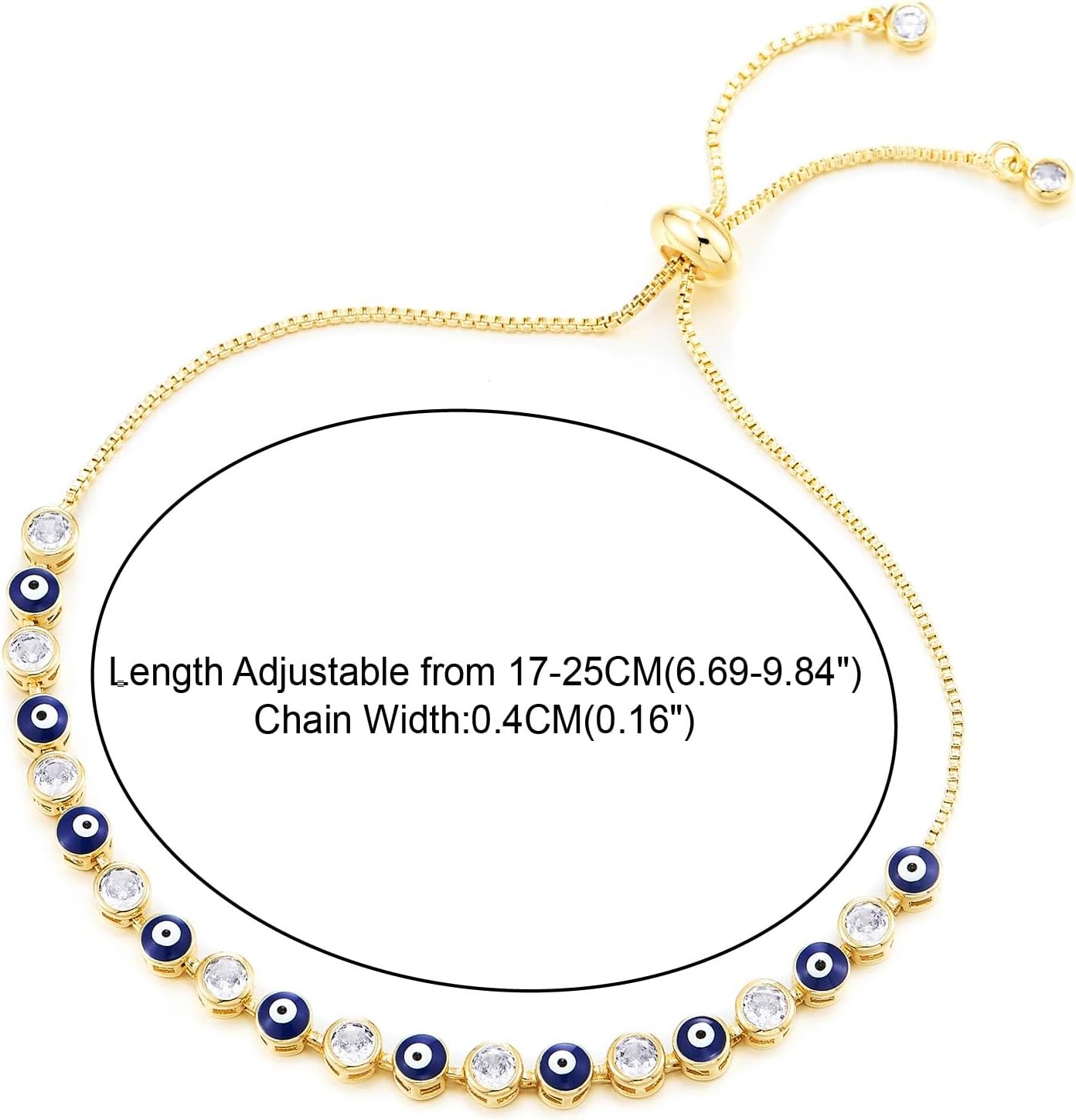 Women's Gold Evil Eye Bracelet, Alternating Crystal Nazar Charms, Adjustable Bolo Slider Jewelry, Dainty Spiritual Gift for Her