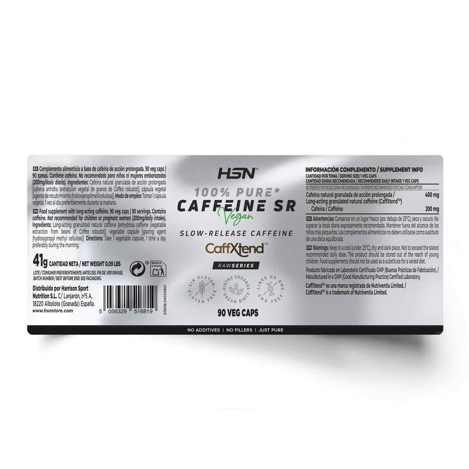 HSN Cafeína de Liberación Lenta CaffXtend® (200mg Pura Cafeína por Toma) | 90 Cápsulas de Efecto Duradero Hasta 12 Horas | SIN Aditivos | No-GMO, Vegano, Sin Gluten