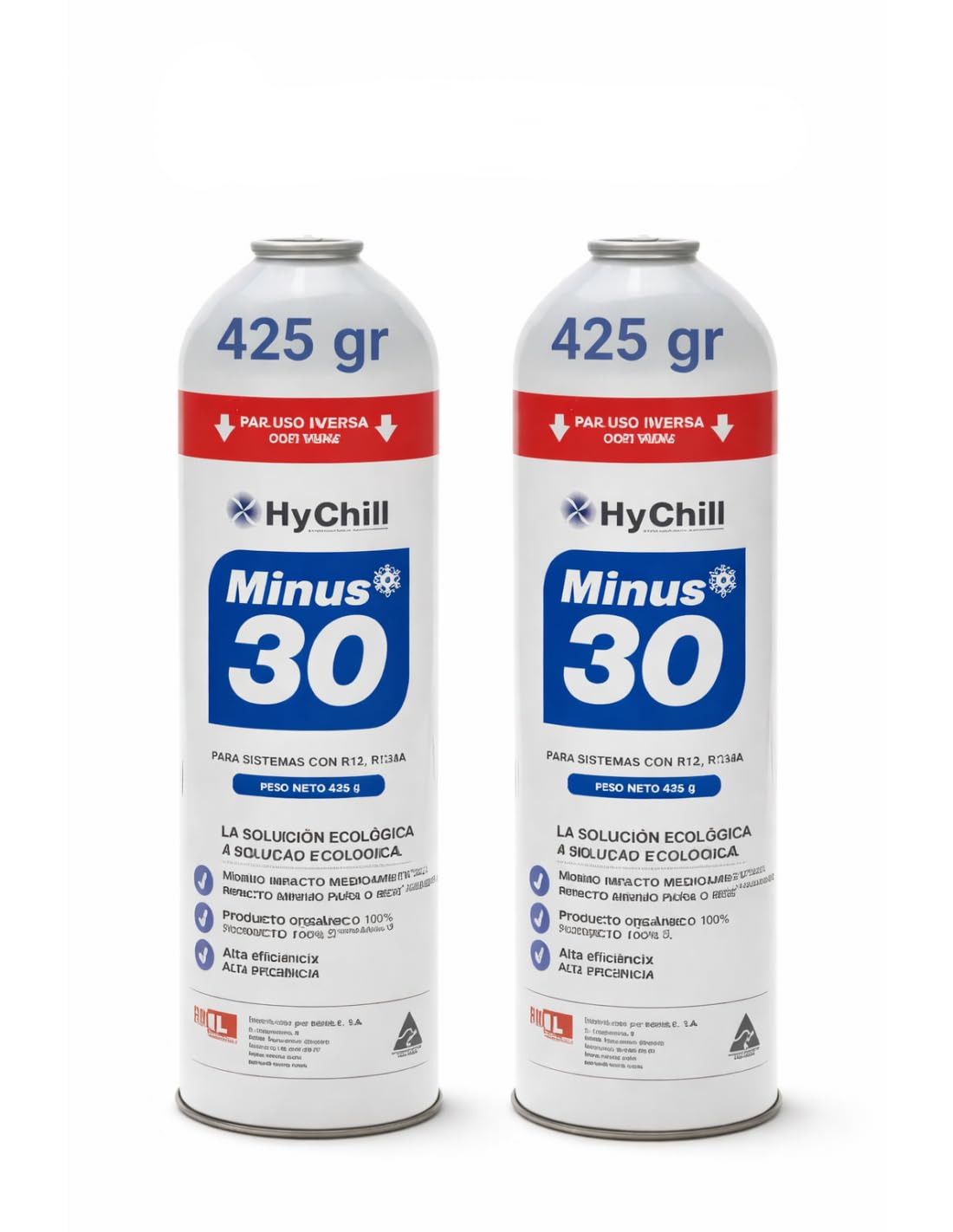 Recarga para Sistemas R12,R134a y R1234yf, Minus 30. Pack 2 botellas de 425gramos. Mirar tablas de presiones para su regulación y ficha de seguridad