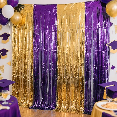 Ishua 2pcs Foil Fringe Curtains Blue and Gold, 3.3x6.6ft Tinsel Streamer Backdrops Foil Fringe Curtains for Birthday, Graduation Party(Gold and Blue) (Gold and Purple)