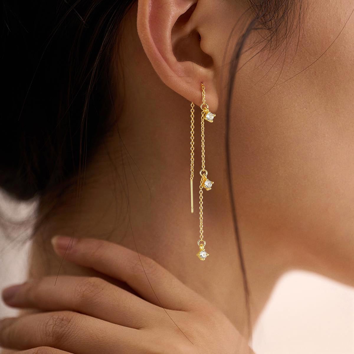 Gold Earrings for Women, Dainty 14K Gold Plated Dangle Earrings for Women Trendy Long Dangle Drop Chain Earring for Sensitive Ears Cute Hypoallergenic Threader Earring Non Tarnish Jewelry Gifts