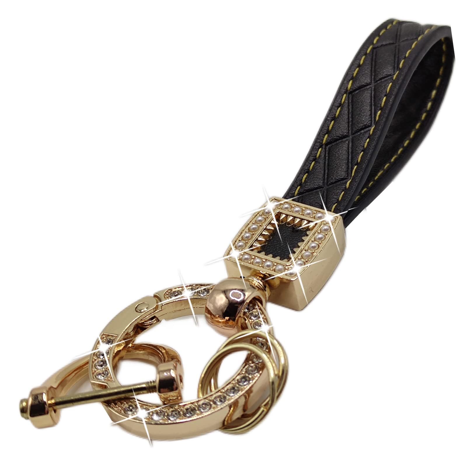 Car Keychain Accessories with Key Ring, Bling Diamond Microfiber Leather Car Keychain - Universal Key Fob Holder with 360掳 Rotatable D-Ring, 2 Keyrings, and Screwdriver for Men and Women(Black)