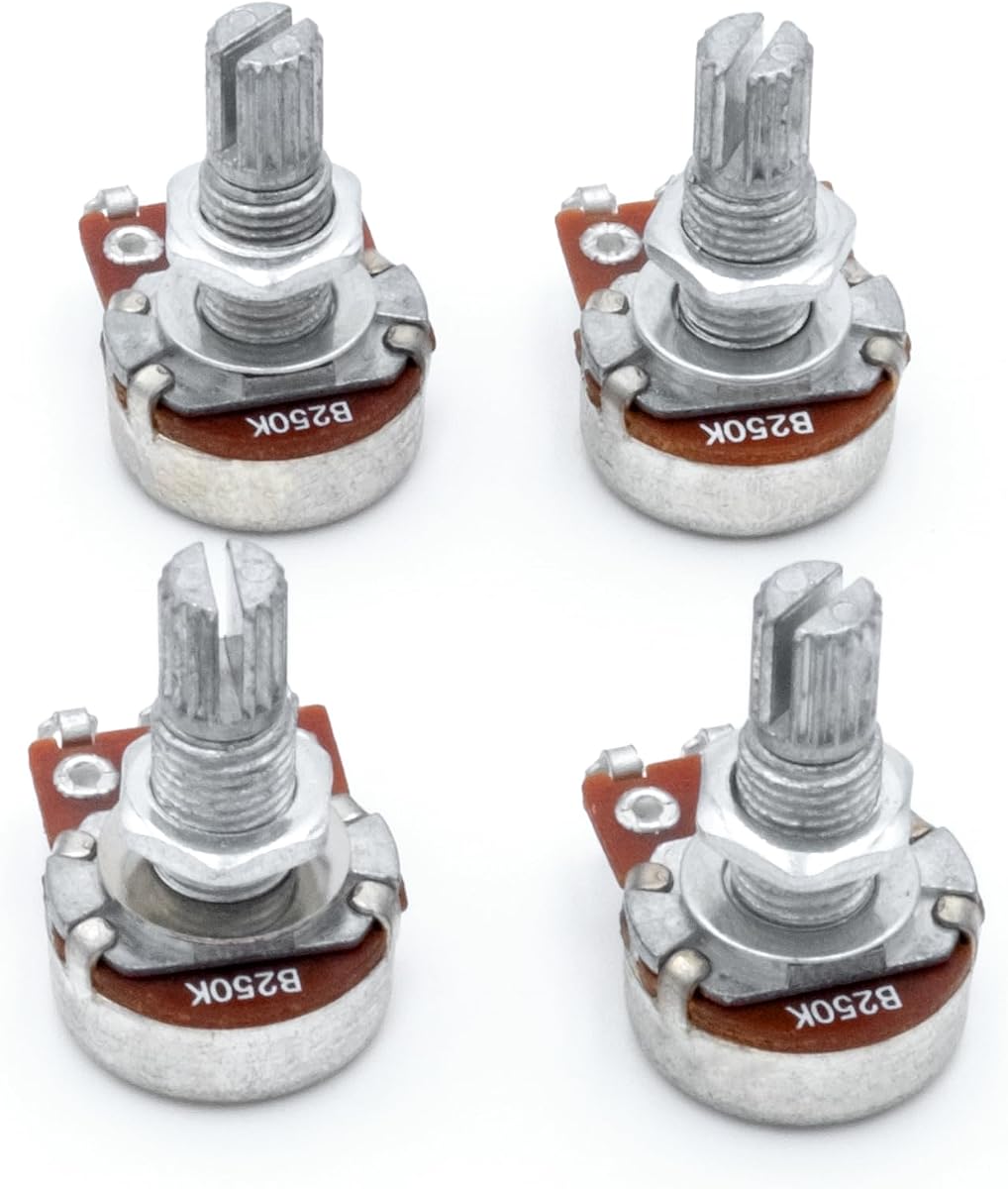4PCS Mini Guitar Potentiometer Audio Volume Taper Pots for Fender Stratocaster Telecaster Guitar Bass Replacement (B250K, Long 18mm Shaft)