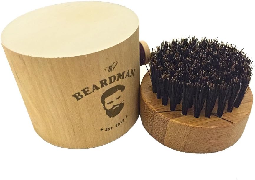 The Beardman Beard Brush- 100% Boar Bristles - With a a Beautiful Wodden Gift Box (Round Beard Brush with Travel Case)