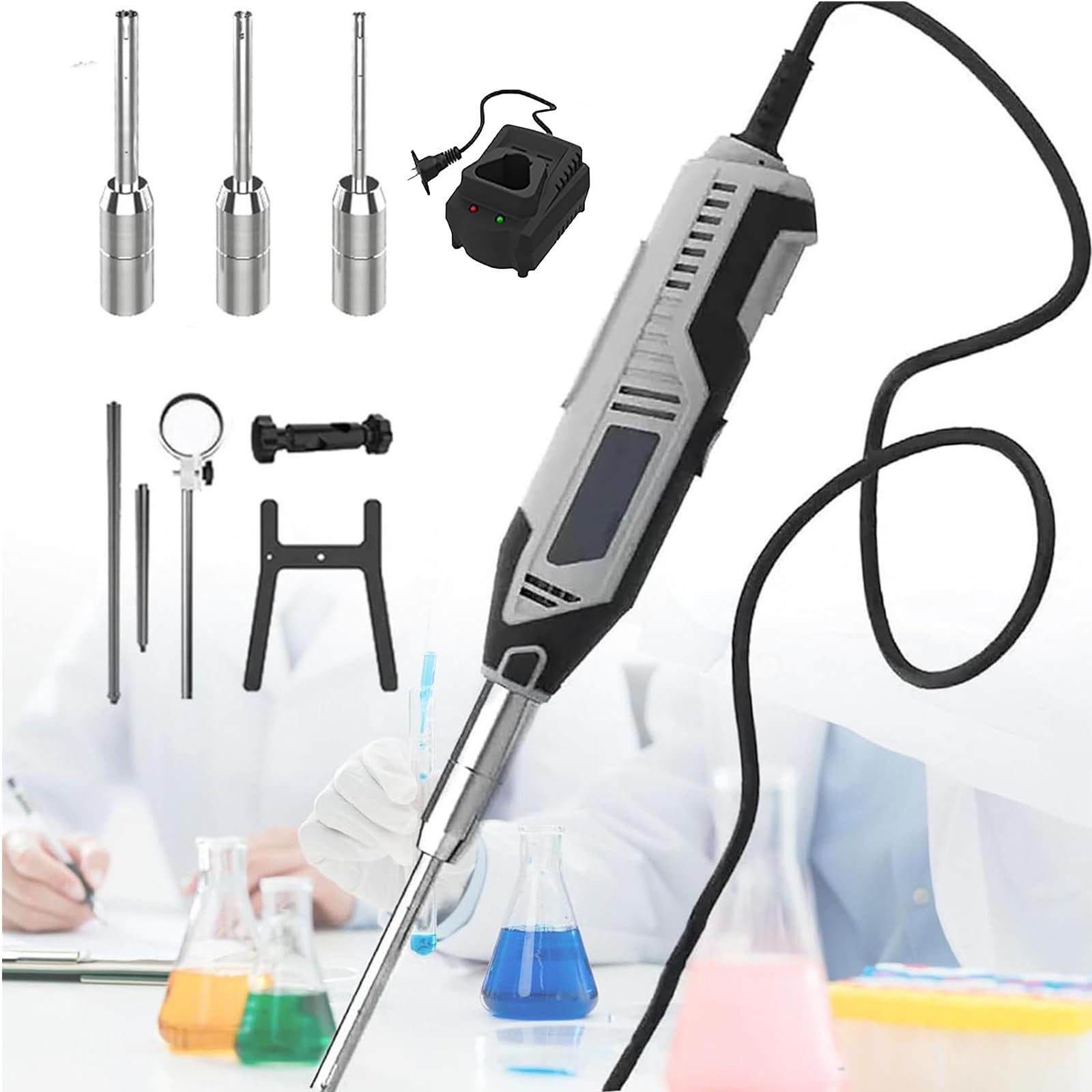 Homogeneizadores de laboratorio, homogeneizador dispersor de alta velocidad de 0,5 a 250 ml, con cabezales de trabajo de 6 mm, 8 mm y 10 mm, homogeneizador portátil de regulación ajustable de 6 v