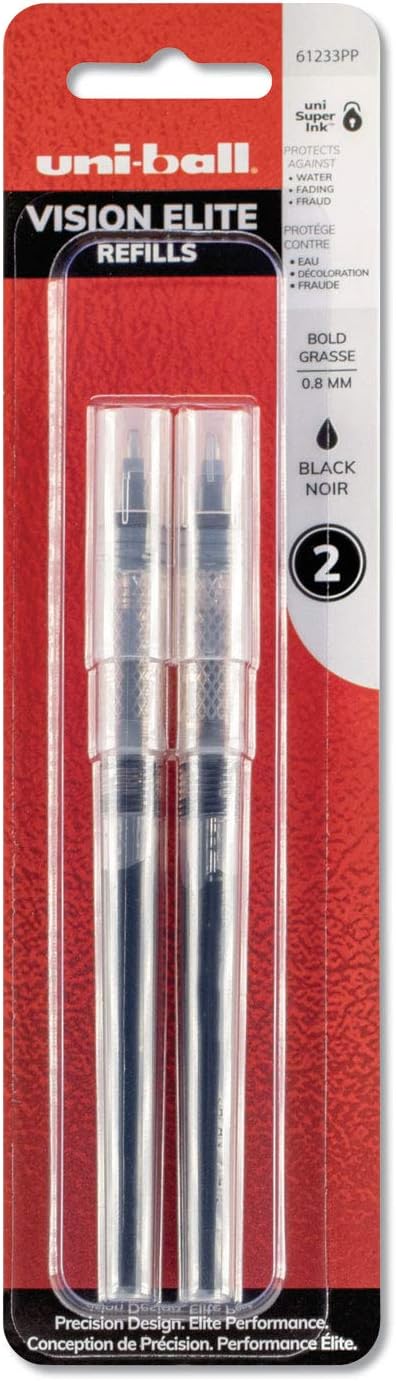 uniball Vision Elite Rollerball Pen Refills, Bold Point (0.8mm), Black, 2 Pack