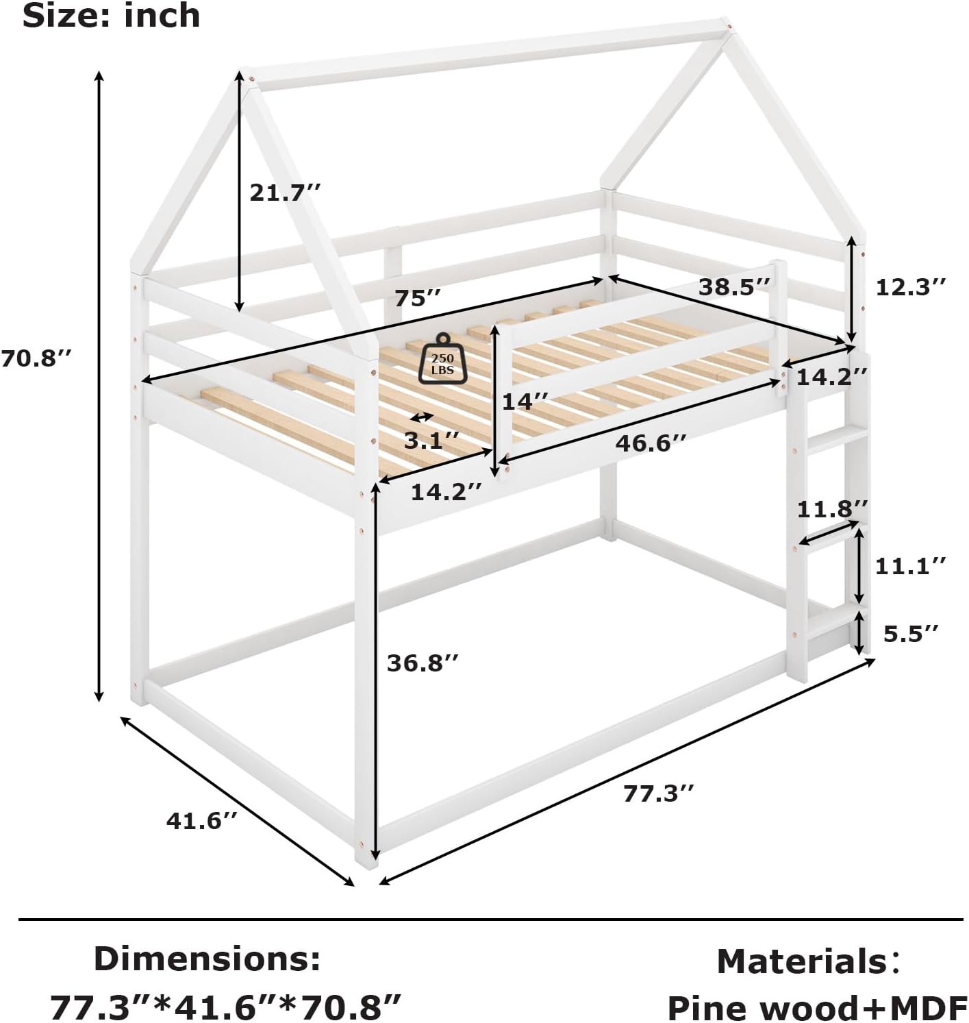 Detailed diagram showing all dimensions of the SoarFlash Twin Over Twin House Bunk Bed