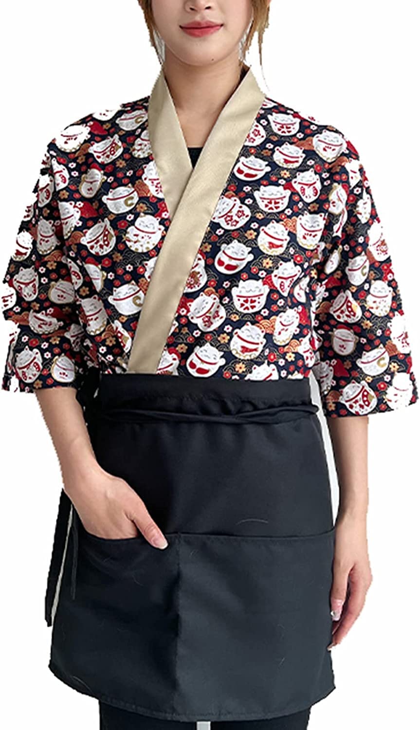 Uniformi alla Moda Abbigliamento da Lavoro Professionale for Catering di Sushi Kimono Giacca da Cuoco Manica Corta Cucina da Ristorante for Donne e Uomini (Color : Black, Size : M)