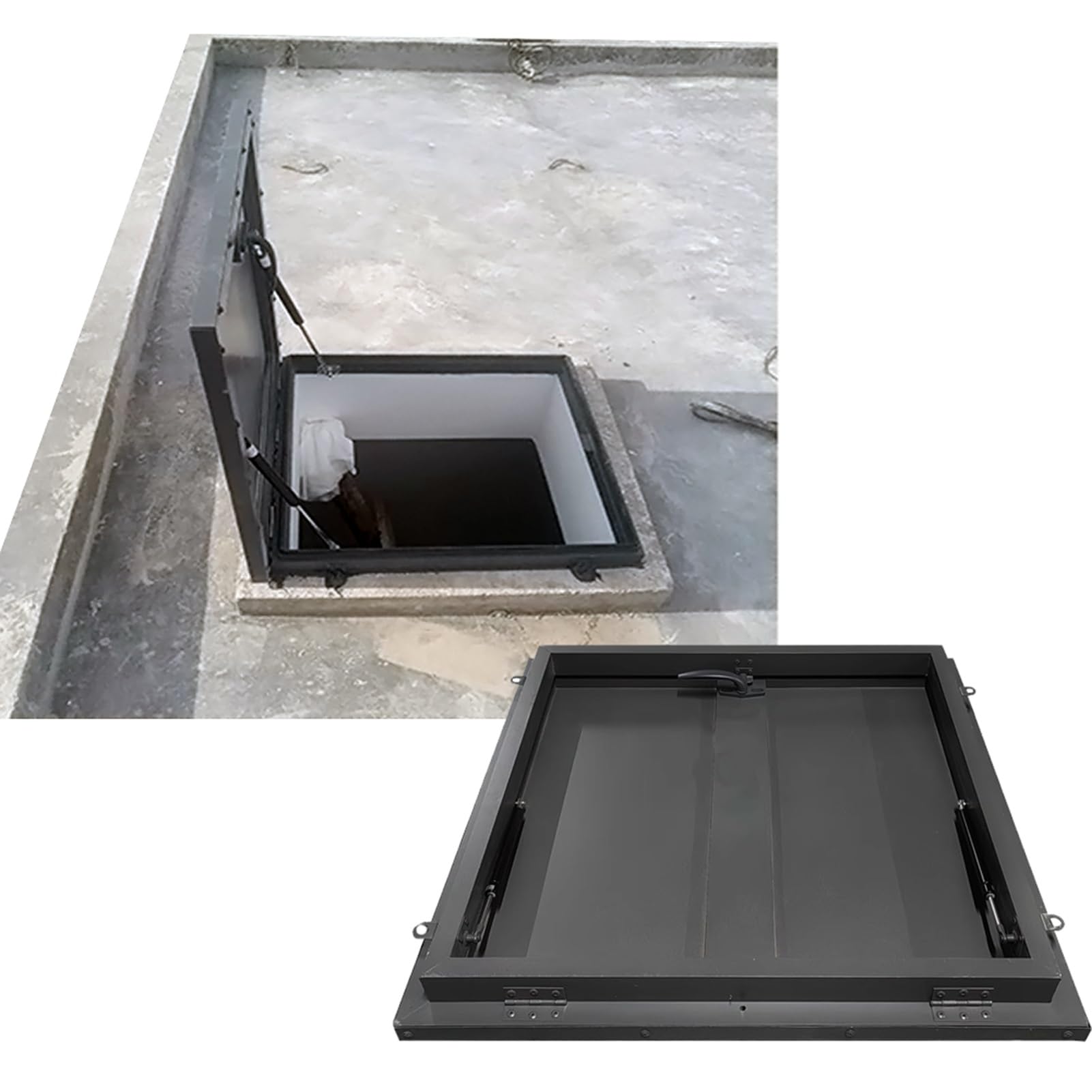 Heavy-Du Właz ewakuacyjny 70 x 70 cm, drzwi wejściowe Securi z hydraulicznymi prętami wsporczymi, konstrukcja antykradzieżowa, ochrona przed kradzieżą, do piwnic i tarasów
