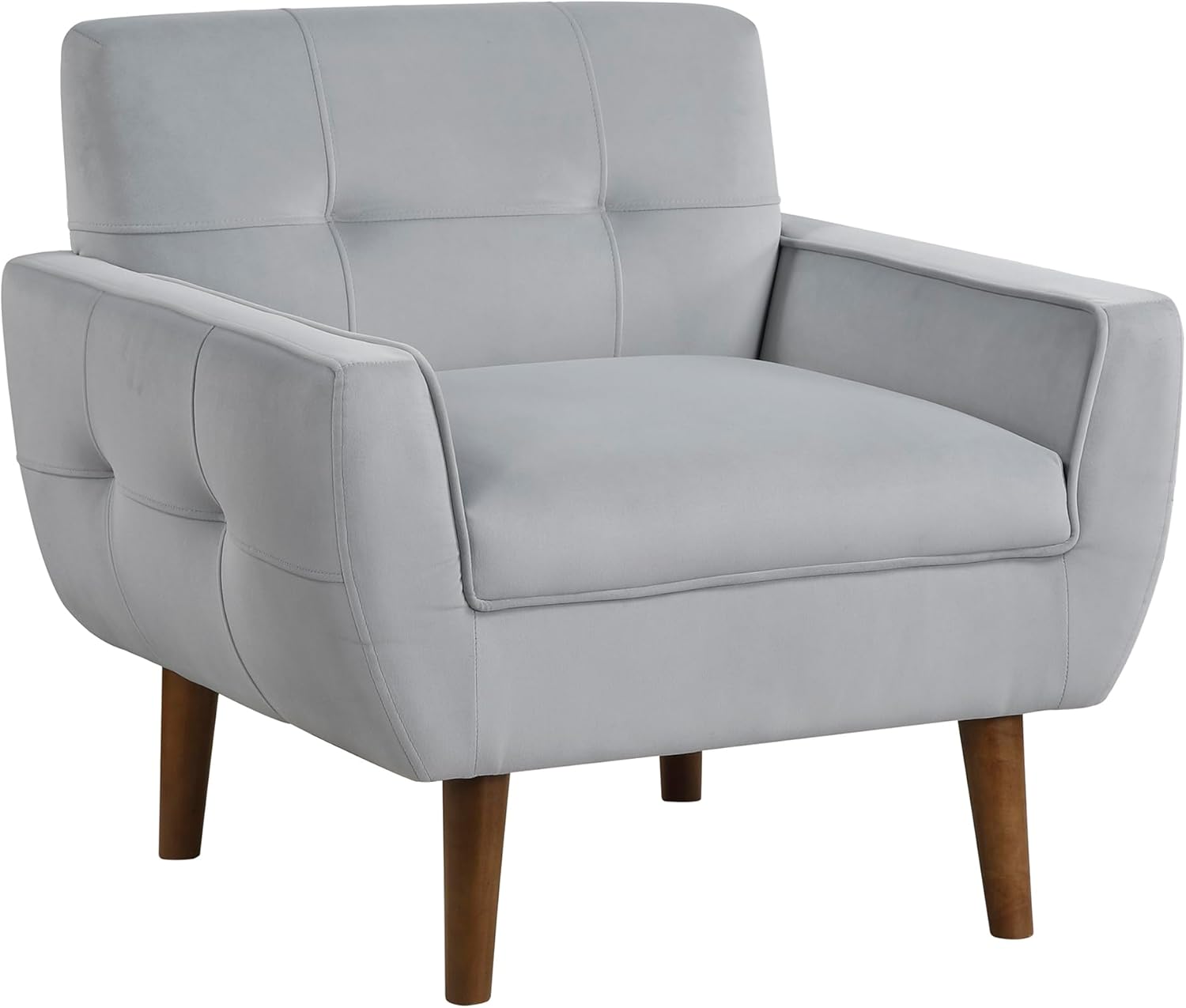 Lexicon Mid Century Modern Accent Chair with Dark Brown Solid Wood Leg, Velvet Upholstered Living Room Chair Lounge Arm Chair, Tufted Detail Single Sofa Chair, Comfortable Reading Chair, Gray