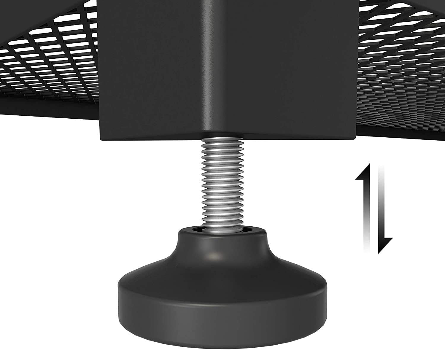 Close-up of an adjustable leveling foot on the desk leg, showing the screw mechanism for height adjustment.
