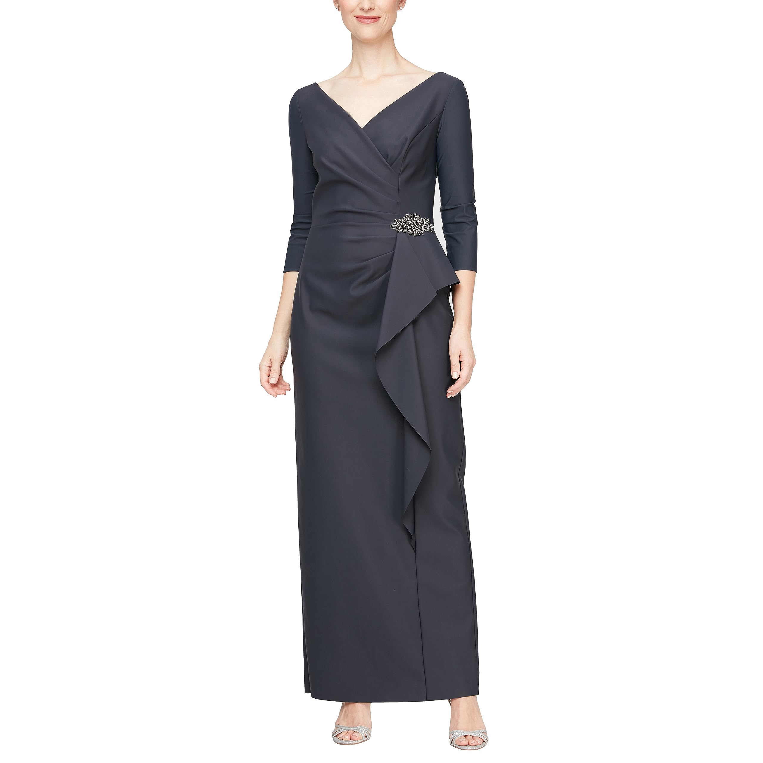 Alex Evenings Womens Slimming Long Length ¾ Sleeve Mother of The Bride Dress with Cascade Ruffle Skirt and Side Ruching
