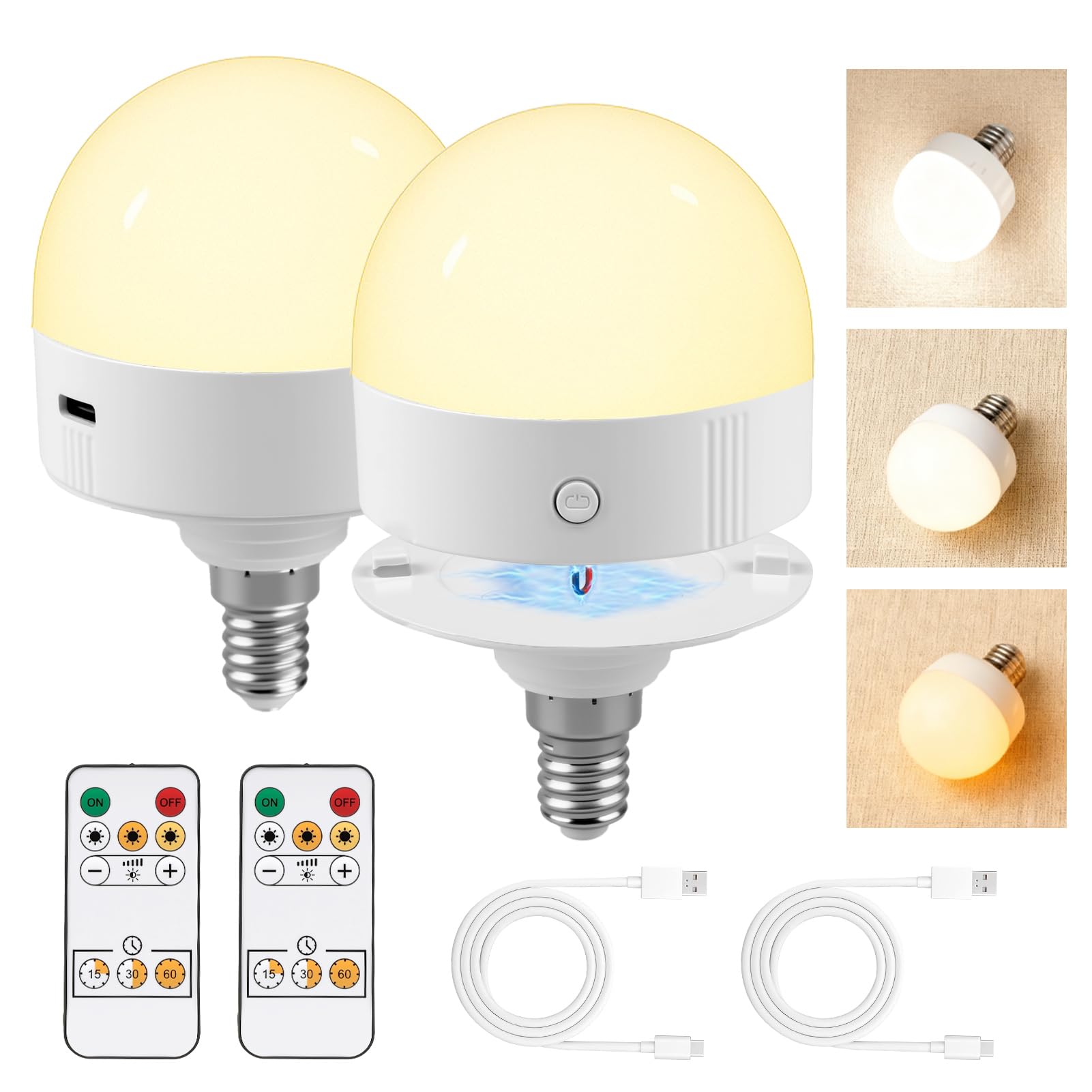 USB Rechargeable Light Bulb, E14 Dimmable Bulbs with Magnetic Base Detachable,3 Color 5W Battery Powered Light Bulbs with Timer and Remote Control for Non-Hardwired Lamps Wall Sconces Bedroom 2 Pack