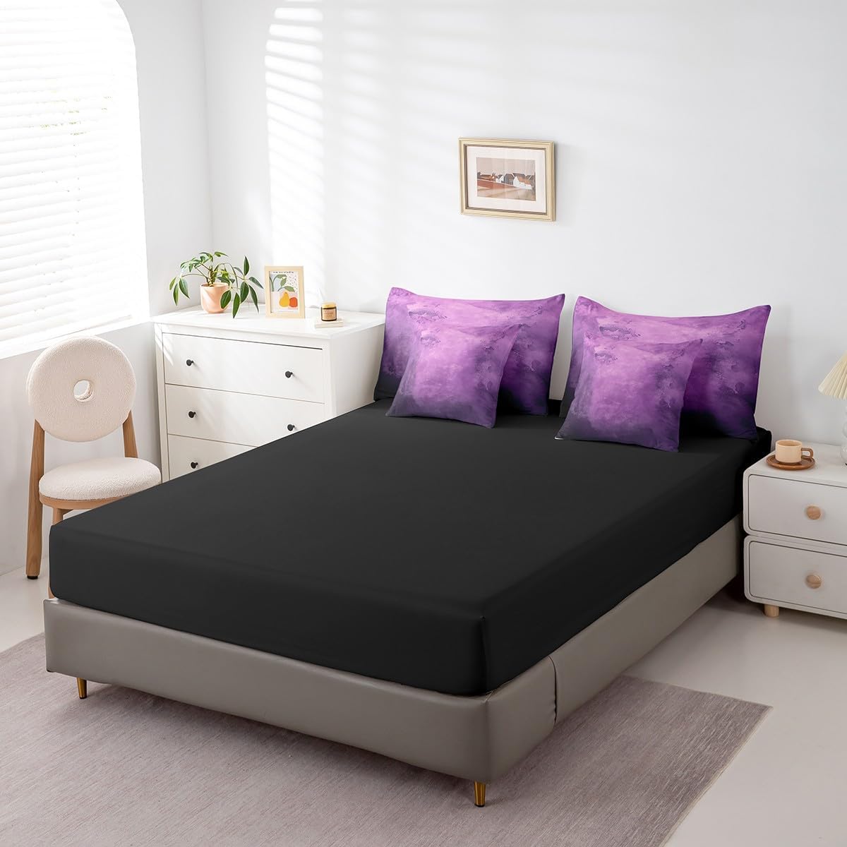 Erosebridal Purple And Black Abstract 7 Piece Queen Comforter Set, Smoky Gradient Soft Bedding For Kids Girls Boys, Watercolor Art Aesthetic Bed in a Bag Bed Sheets Set For Sofa, Ombre Tie Dye Bed Set