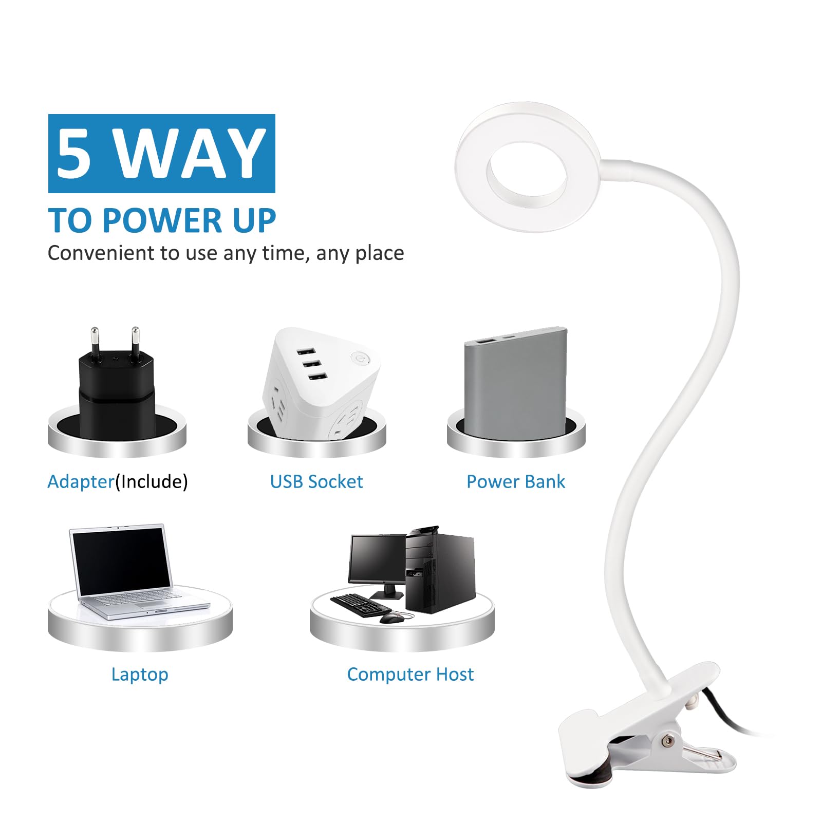 Lampe à Pince LED USB 8W - 3 Couleurs & 10 Niveaux, Lampe Chevet Flexible Avec Adaptateur