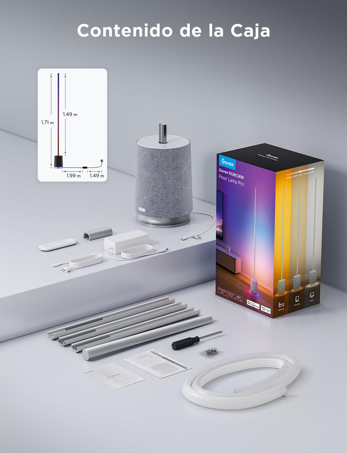 Govee Lámpara de Pie Pro, 2100LM RGBIC Lámpara LED Funciona con Alexa, Gris | 2200-6500K, Altavoz Bluetooth y Ruido Blanco, 16 Millones de Colores, 81 Modos de Escena, Sincronización Musical, Para Salón