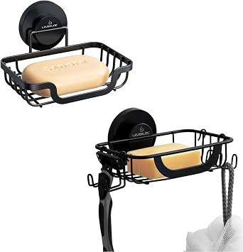 LEVERLOC Soap Holder Dish for Shower with Hooks, Bar Suction Soap Tray Wall Mounted, Rustproof Stainless Steel Sponge Caddy for Bathroom Bathtub Kitchen Sink, 2 Pack Black
