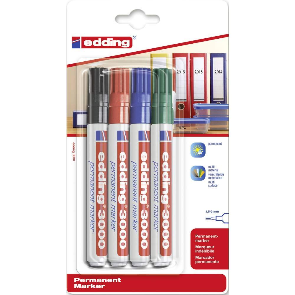 edding 3000 marcador permanente - negro, rojo, azul, verde - 4 rotuladores - punta redonda - indeleble de secado rápido - resistente al agua y a los borrones - cartón plástico madera metal - universal