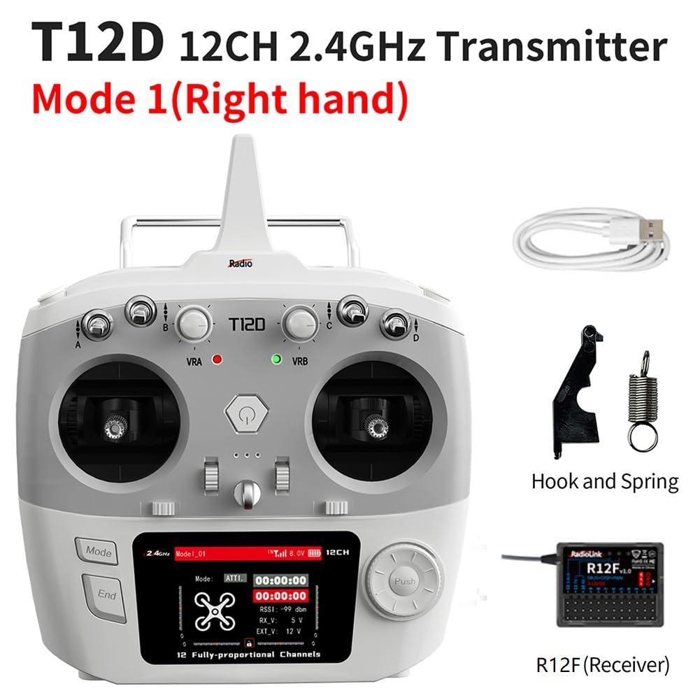 Per RadioLink T12D 12CH Trasmettitore RC + Ricevitore R12F 2.4GHz Controller Remoto per Drone FPV, Aeroplani A Ala Fissa e Automobili R