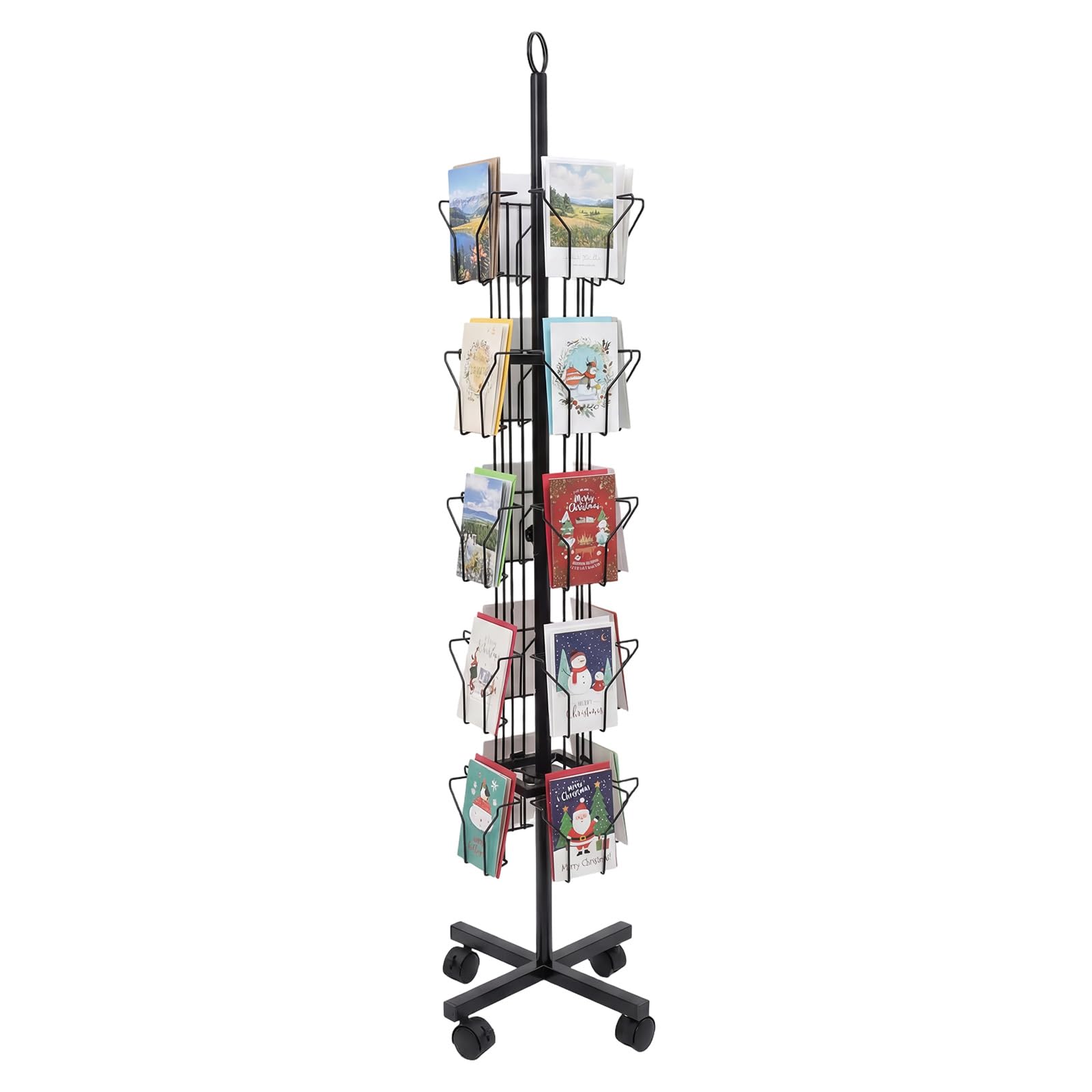 Ginelm Black 5-Tier Rotating Greeting Card Display Stand, 20 Pocket Metal Postcard Holder Rack W/ Universal Wheels For Postcards, Brochures, Stickers, Showcase