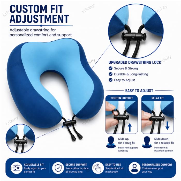 Image of Memory Foam Travel Neck Pillow with Portable Storage Case | Soft U-Shaped Neck Support Cushion for Airplane, Car, Train & Office | Lightweight Ergonomic Travel Pillow (Blue)