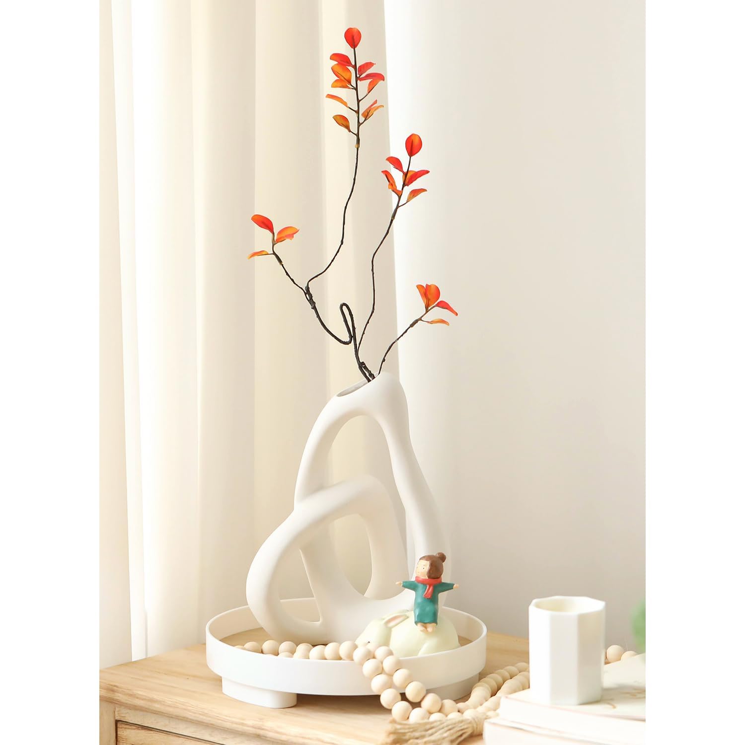 Jarrones modernos de cerámica blanca para decoración del hogar, florero decorativo bohemio para ramo de hierba de pampas, sala de estar, dormitorio, cocina, decoración maximalista (blanco) 4