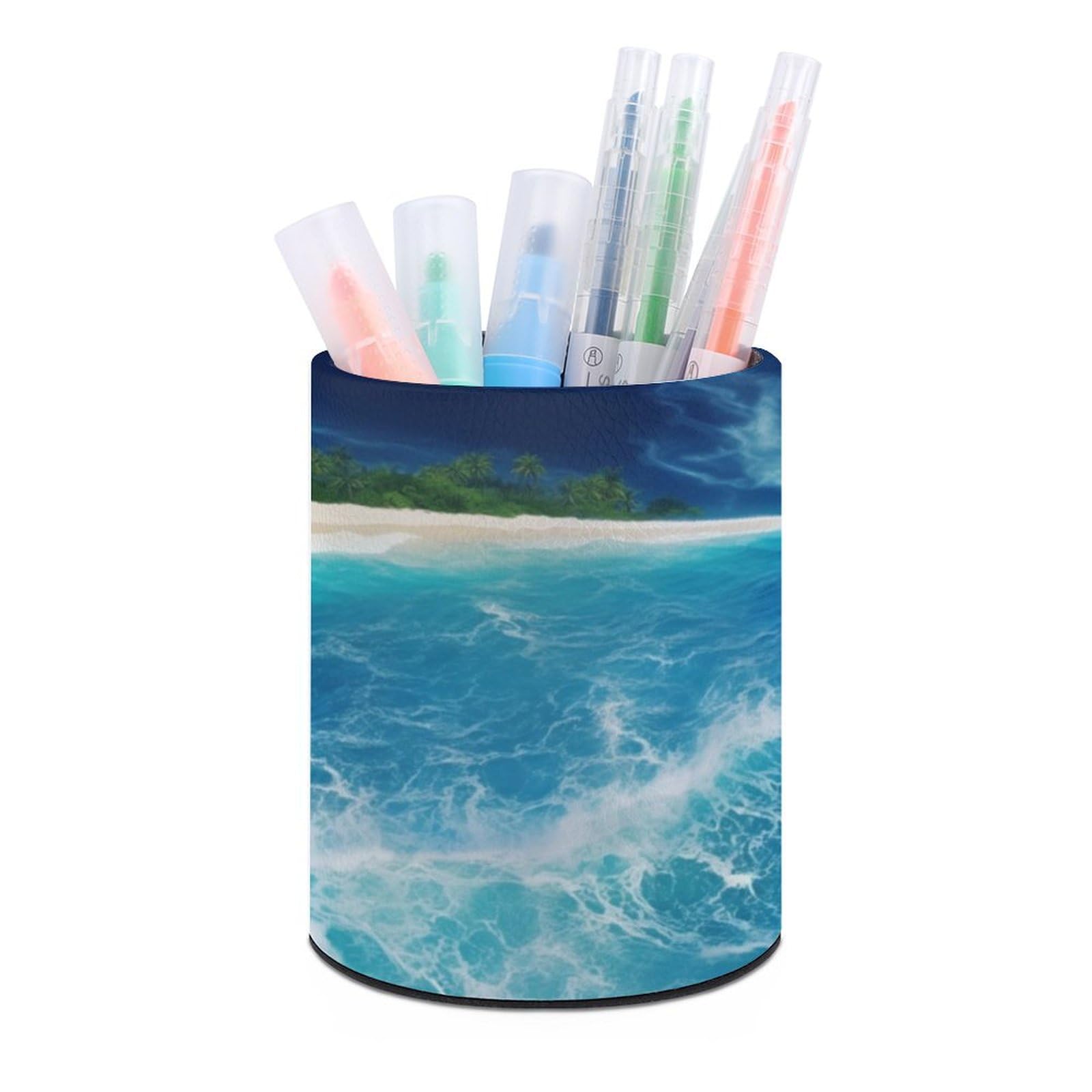JTREHY Round Pen Holder,Tropical Ocean Beach Theme Printed Makeup Brush Storage Box Desktop Stationery Storage Cup Office Accessories Storage Box Pencil Storage Box for Home Office Dressing Table