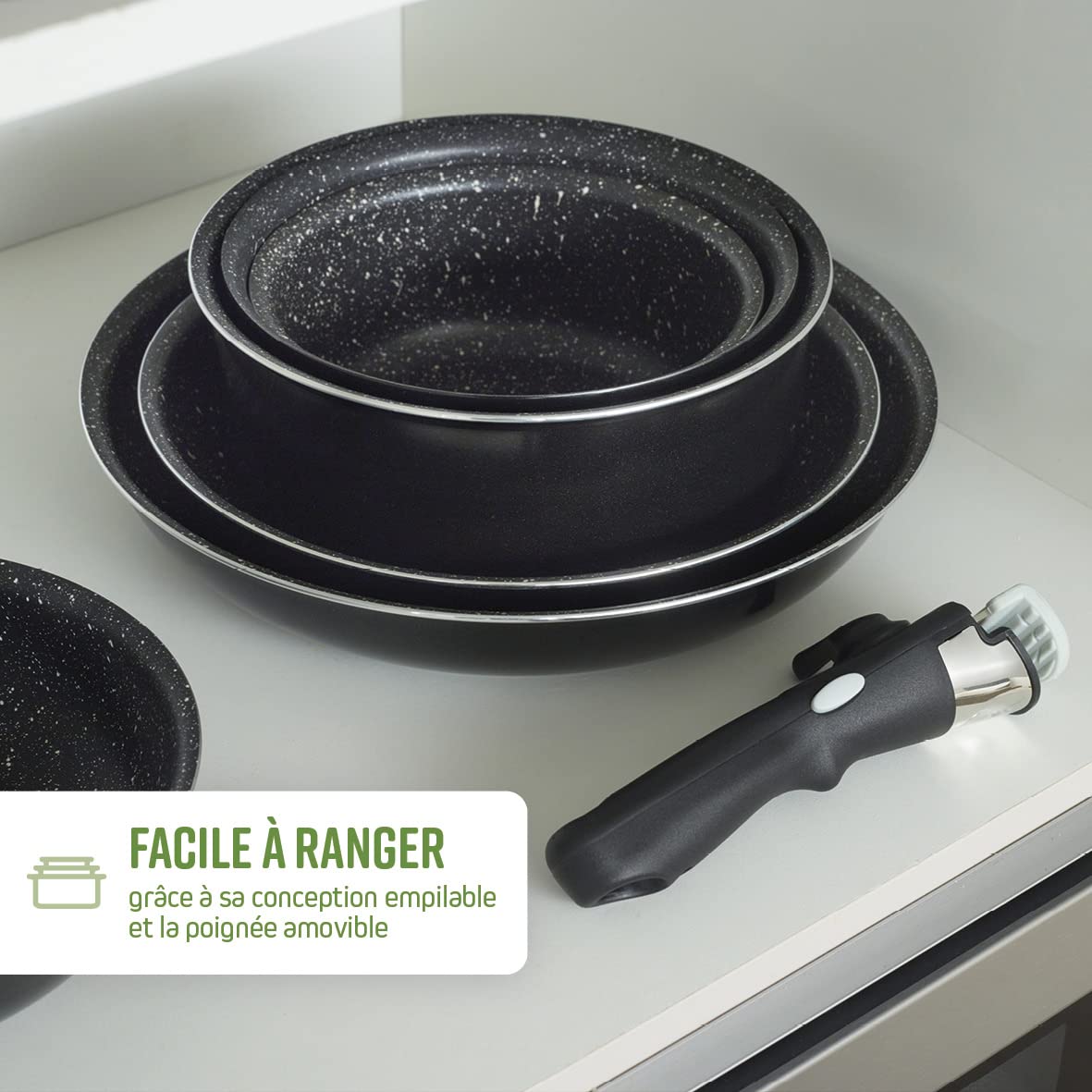 Qulinart by Brandt - Batterie de Cuisine en Aluminium Pressé - 3 Poêles 20, 24 et 28 cm + 3 Casseroles 16, 18 et 20 cm + 3 Couvercles + 1 Poignée Amovible - Noir