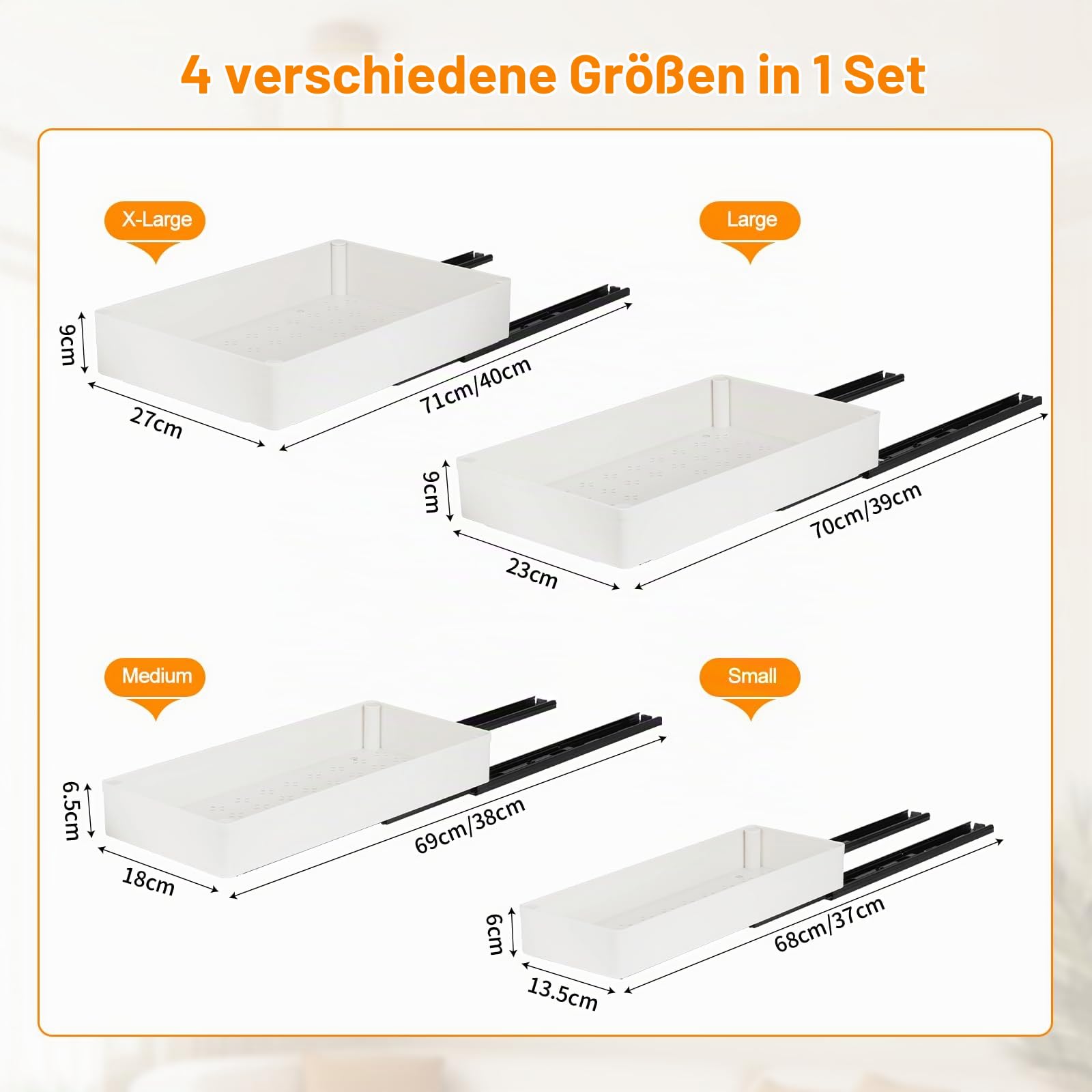 VINATO 4er Set Teleskopschublade, Ausziehbare Schublade für Küche mit 4 Größen, Ausziehbarer Schrankorganizer, Küchenschrank Organizer Ausziehbar mit Klebeband & Schrauben, für Küche, Vorratskammer