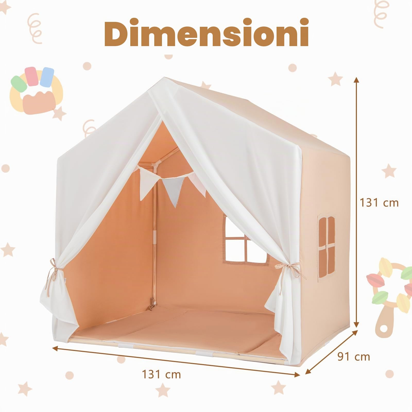 HOMASIS Tenda per Bambini da Interno, Tenda Gioco con Tappetino e Bandiere, Casa da Gioco con Struttura in Legno, Tendina Principessa Cameretta per Ragazze e Ragazzi dai 3+ Anni in su (Marrone)