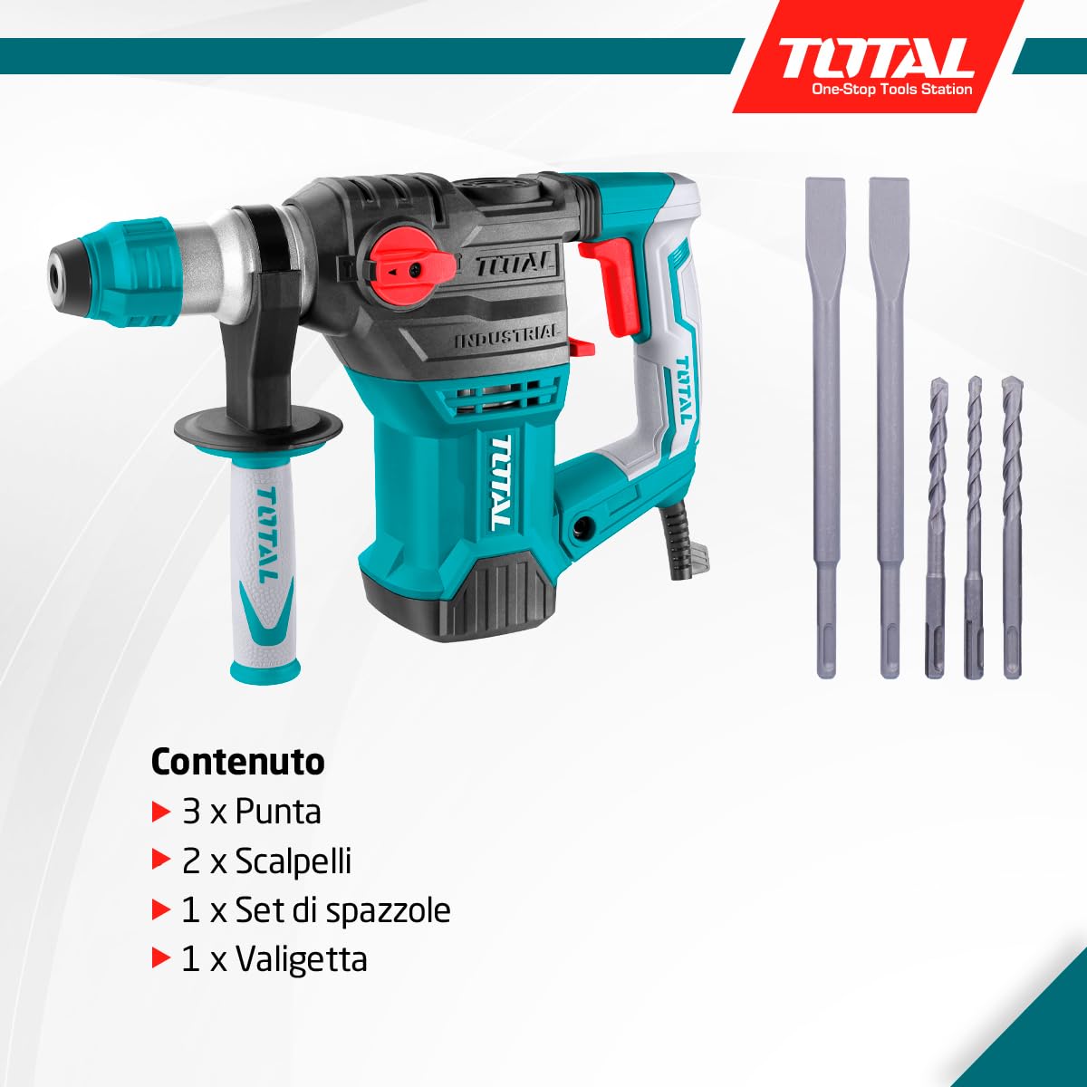 MARTELLO PERFORATORE DEMOLITORE SDS PLUS 4 IN 1 CON ACCESSORI 1500W