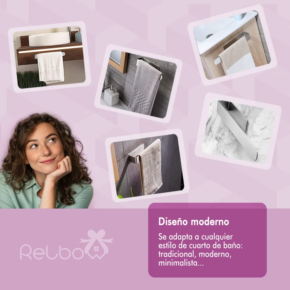 Relbow Toallero De Baño Sin Taladro: Incluye 2 Ganchos Adhesivos Extra Fuertes (Acero Inoxidable, Plata)
