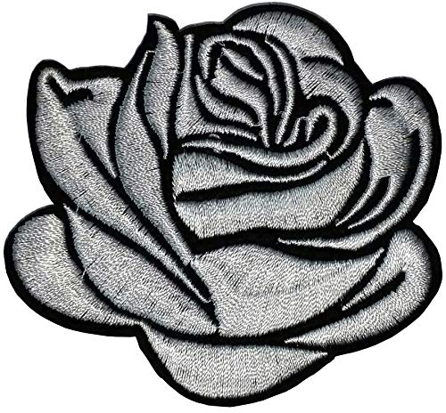 Écusson Rose Grise Fleur Patch Thermocollant Nature à thermocoller transfert plante à coller au fer repasser applique flower badge brodé à coudre chapeau t-shirt vêtement enfant femme bébé 6,8x7,3cm