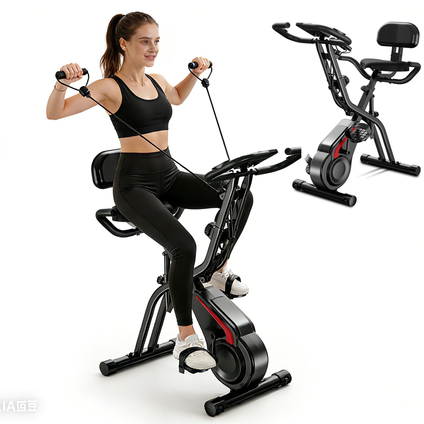 Mengmiao Cyclette Pieghevole 5 in 1 per Casa – Bici Statica con 8 Livelli di Resistenza Magnetica, Display LCD, Bande Elastiche, Sedile con Schienale, Portata 136 kg
