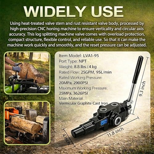 Image of Hydraulic Log Splitter Valve, 1 Spool 25GPM 3626PSI Hydraulic Directional Control Valve, Hydraulic Loader Valve w /Joystick for Log Splitter, Small Tractors & Loaders