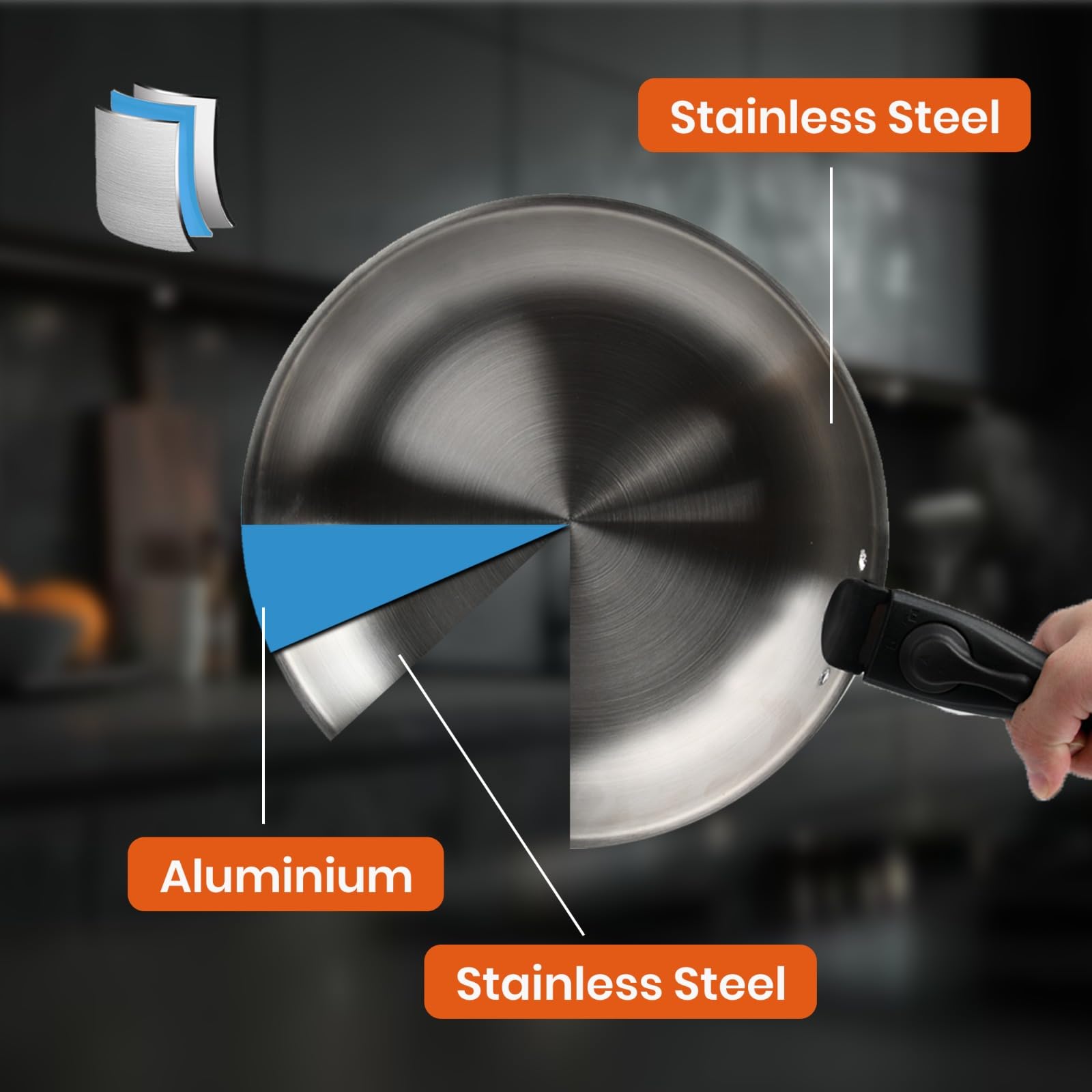 Padella in acciaio inox con coperchio con manico staccabile - Coperchio universale per padelle a induzione a 3 strati da 24/26/28 cm - Adatta al forno - Pentole da cucina compatte