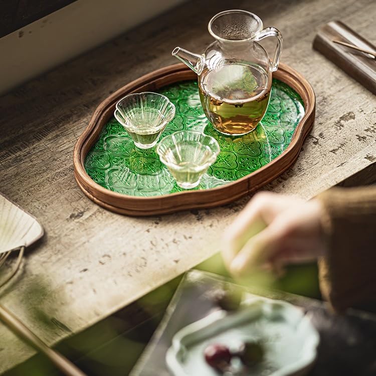 Plateau à thé en verre de style japonais vintage - Plateau en bois massif pour les rafraîchissements de la maison - Motif floral bégonia - Idéal pour servir du thé et des friandises