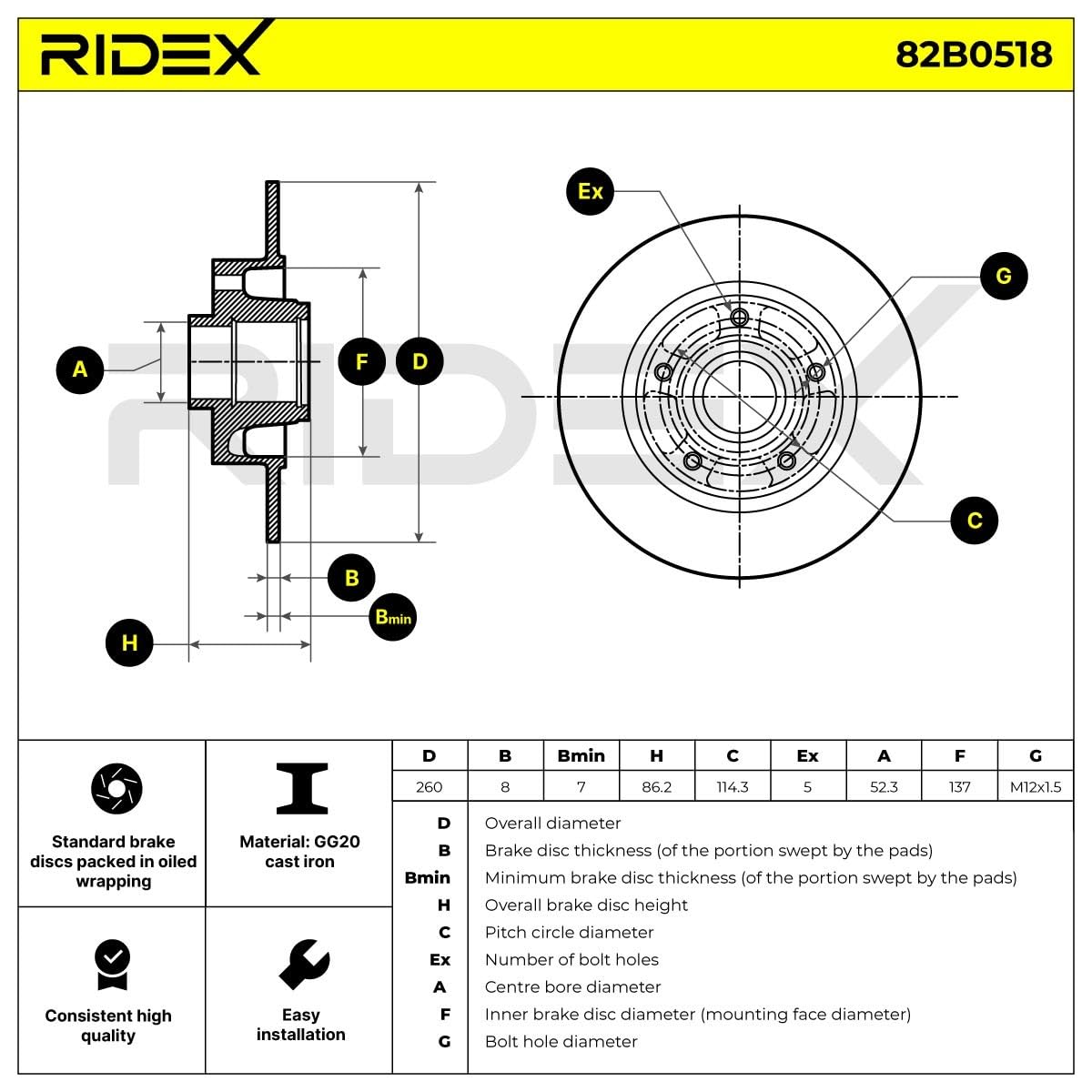 RIDEX 82B0518, 2 szt Tarcze Hamulcowe tył 260mm Kompatybilny z RENAULT GRAND Scénic 3 JZ0/1 MEGANE CC EZ0/1 Scénic 3 JZ0/1 Megane 3 Grandtour KZ0/1 Clio 4 Hatchback BH
