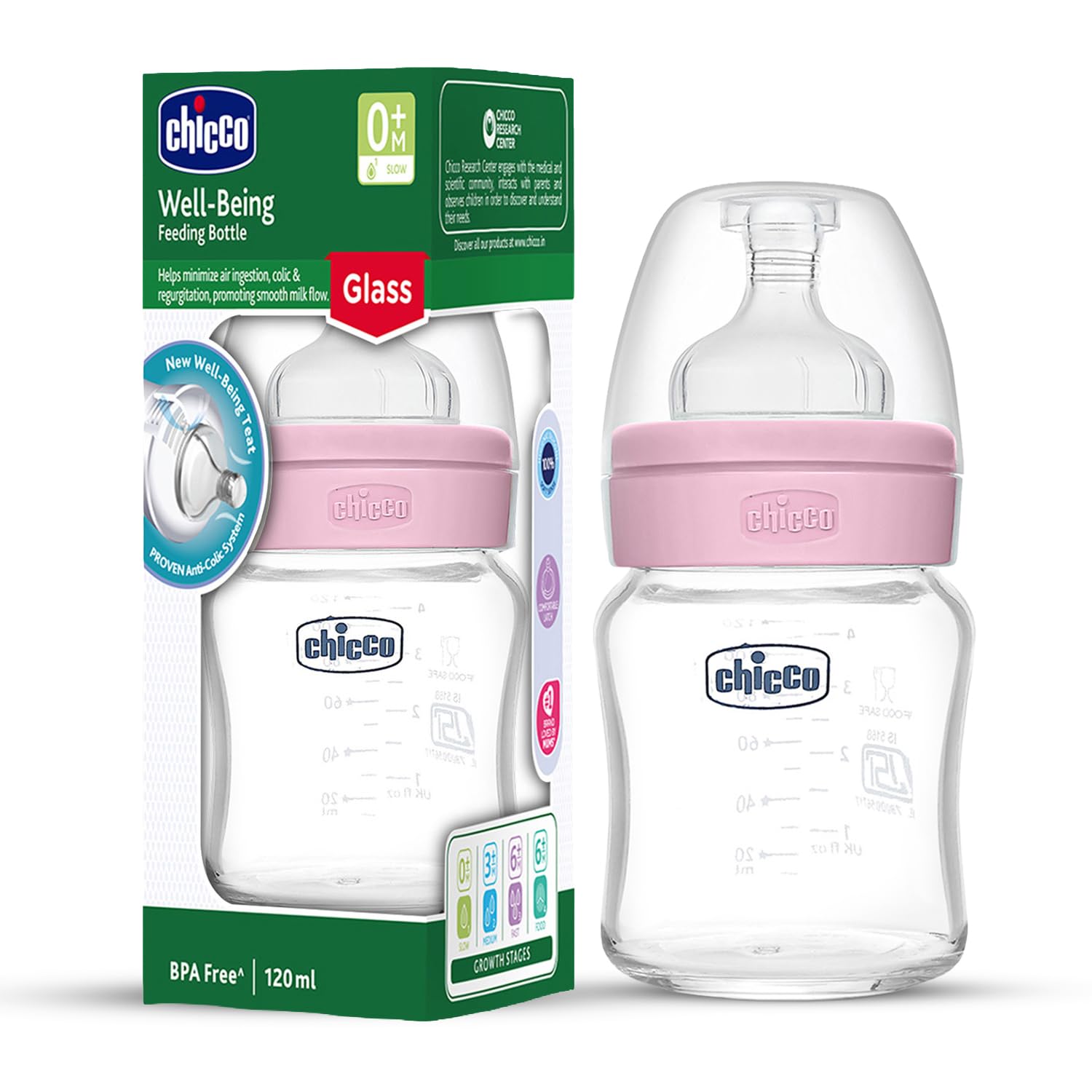 Chicco Well-Being Glass Feeding Bottle for Babies (120ml, Slow Flow) | Premium Borosilicate Glass for High Durability | Elongated Teat for Correct Latch | Comes with Anti-Spill Cap | BPA Free (Pink)-picture-35