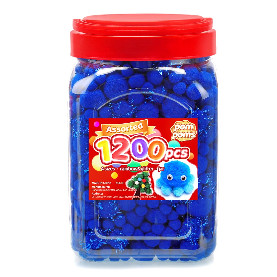 Iooleem Blue Pom Poms, 1200pcs Assorted Size Pompoms,Pom Poms for Arts and Crafts, Pom Pom Balls with Wiggle Eyes in jar, Glitter Pom Poms, Craft Supplies.