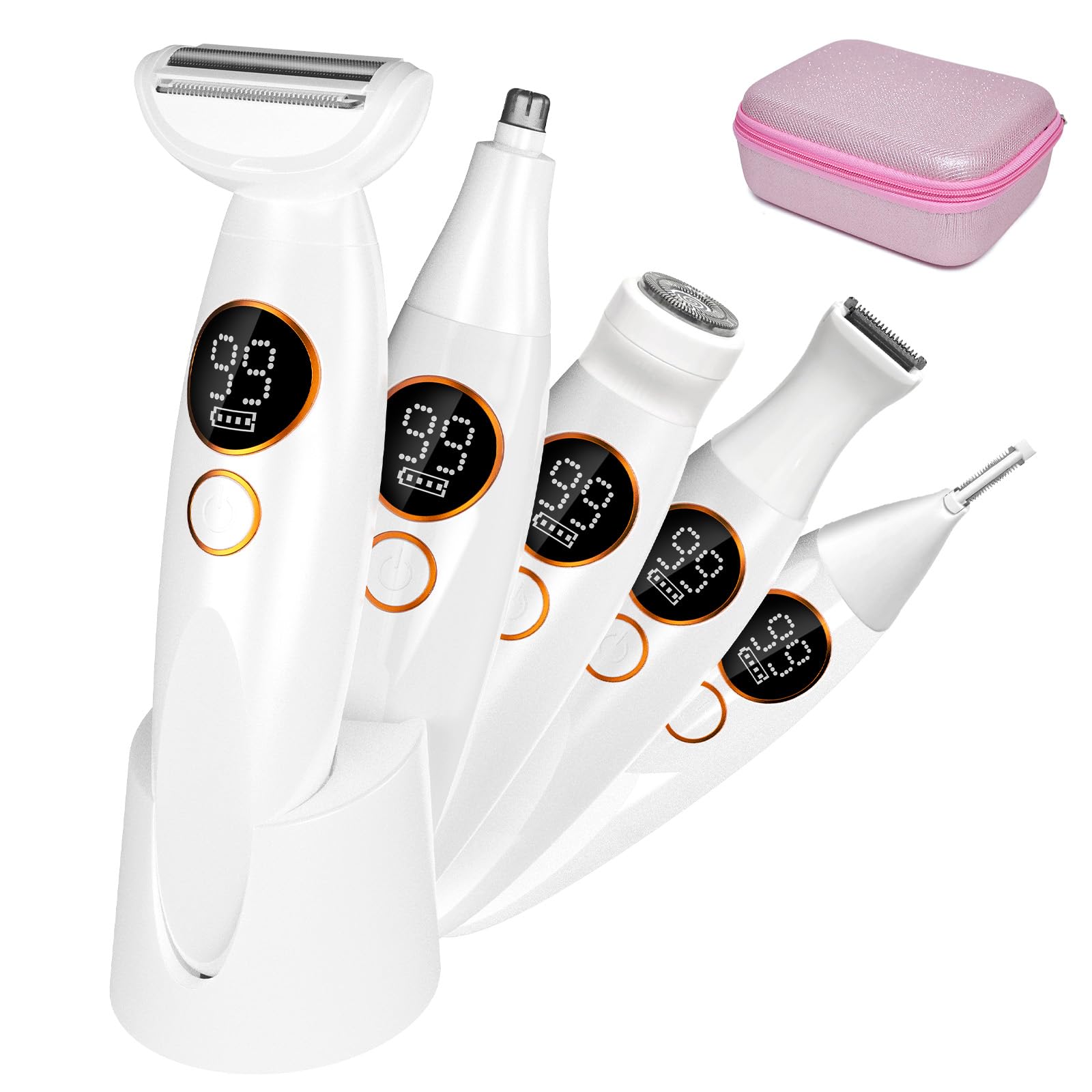 Afeitadora eléctrica para mujer, 5 en 1, afeitadora íntima para mujeres, depiladora facial para mujeres con estación de carga USB, IPX7 resistente al agua, afeitadora eléctrica para zonas íntimas