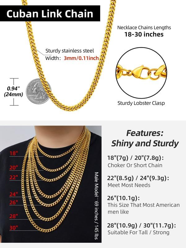 Stainless Steel Cuban Chain Necklace for Men Women, Real Gold/Black Plated Mens Chain Curb Chains, 3/5/7/10/12mm width, 18, 20, 22, 24, 26, 28, 30 Inch Jewelry Gift - Image 6