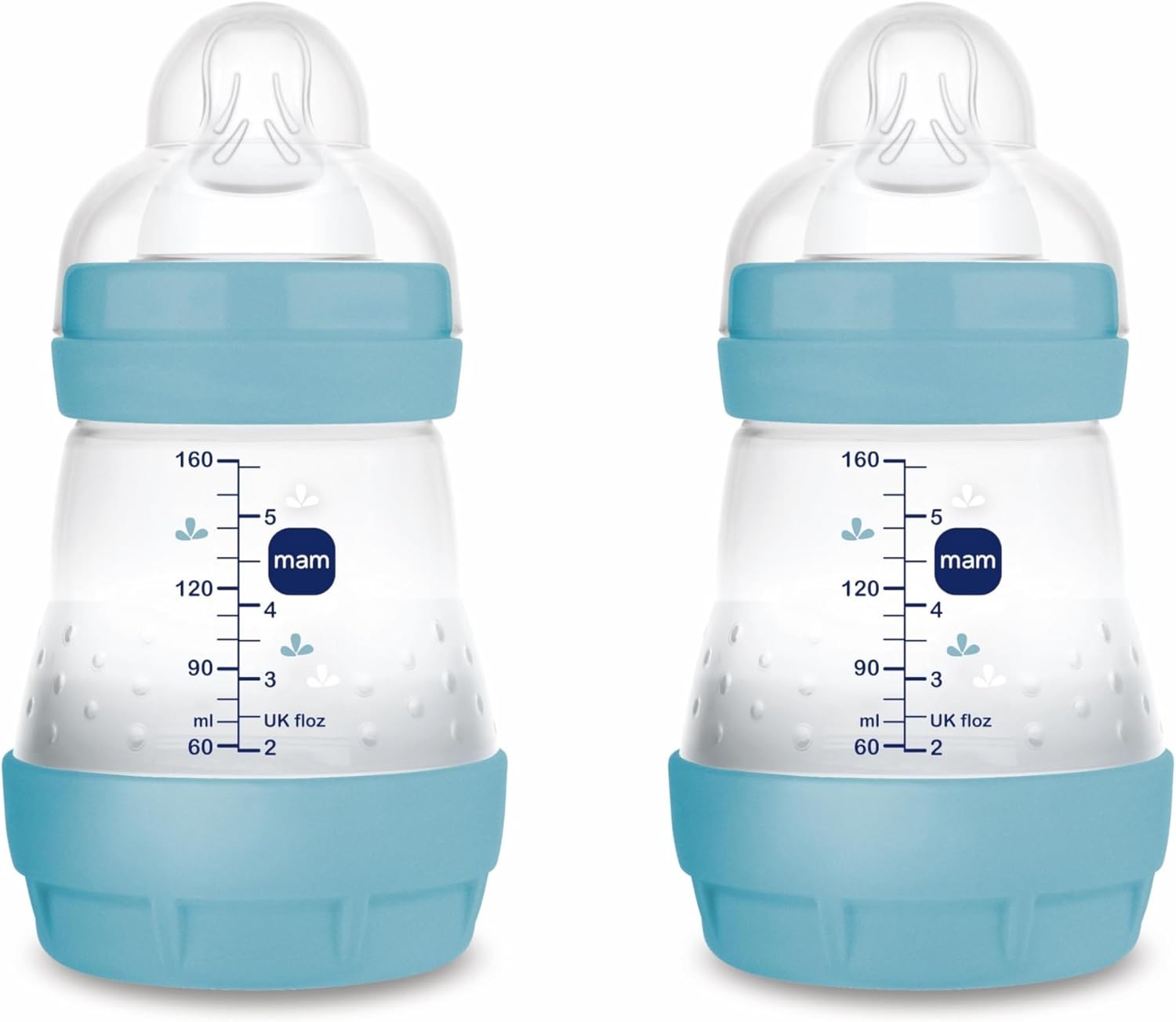MAM Pack 2 Biberones Anticólicos, Recién Nacido, 0-2 Meses, 160ml, con Tetina 1 Flujo Lento de Fácil Aceptación, Autoesterilizable y Fácil de Limpiar, MAM Easy Start Anti-Colic, Azul Mate, 2uds