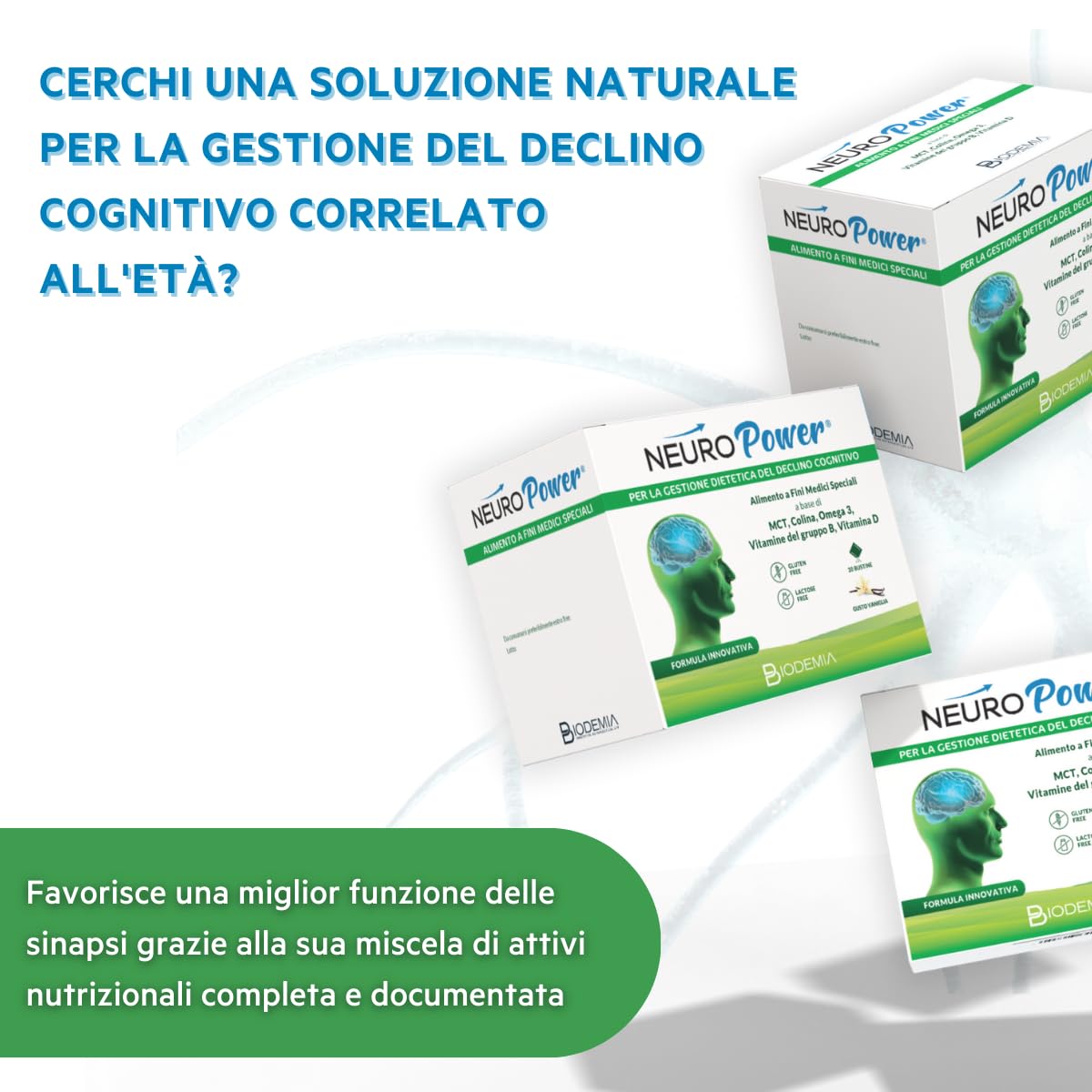 BIODEMIA | NeuroPOWER Alimento a Fini Medici Speciali con MCT, Colina, Omega 3, Vitamine del gruppo B, Vitamina D per la Gestione del Declino Cognitivo Correlato all'Età, 20 Bustine gusto Vaniglia